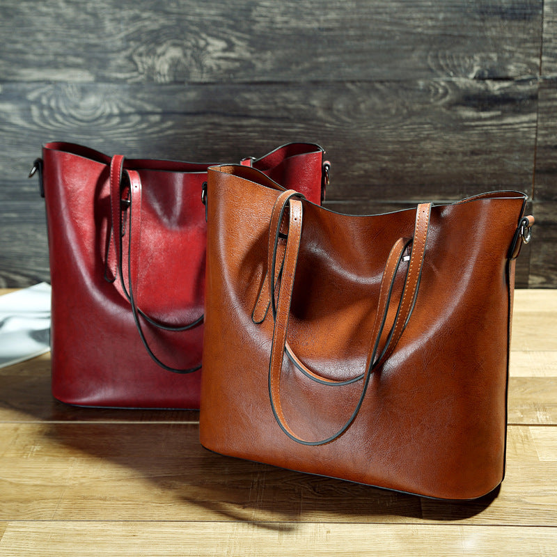 Simple Oil Wax Leather Messenger Shoulder Bags Women&