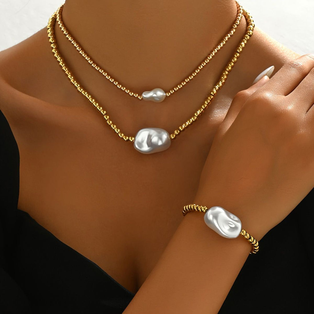 Lxalry Gold Electroplated Layered Jewelry Set, Handmade Necklace &amp; Bracelet Duo, Lightweight 20g Stackable Gift For Everyday Elegance &amp; Evening Glamour